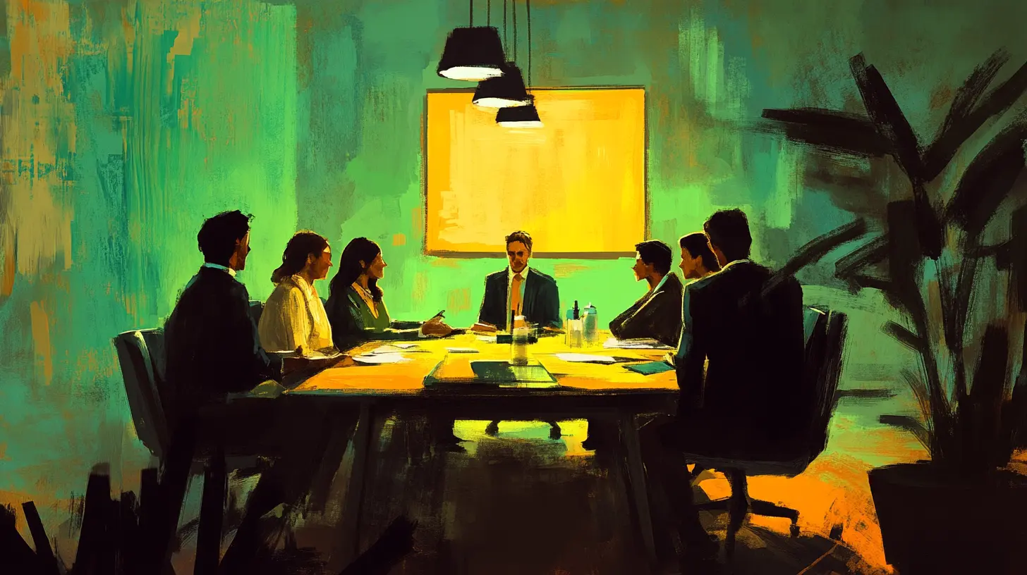 Painting of a team sitting around a meeting table under hanging lights