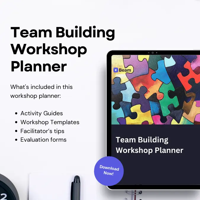Cover of the free Team Building Workshop Planner, listing activity guides, workshop templates, facilitator tips and evaluation forms
